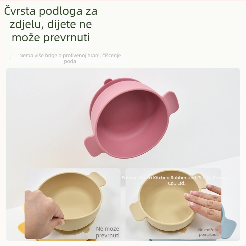 Dječja silikonska zdjela s prisiskanjem, s dvjema drškama, 2-komadni set, silikon za hranu, protiv prolijevanja