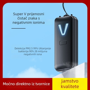 Prenosivi pročišćivač zraka za vrat s negativnim ionima; USB napajanje; tih rad (<36 dB); protok zraka ispod 50 m³/h; pogodan za prostorije do 10 m²; oslobađanje iona 28 milijuna/cm³.