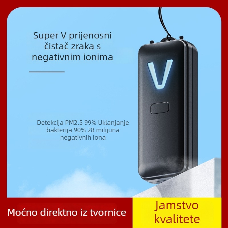 Prenosivi pročišćivač zraka za vrat s negativnim ionima; USB napajanje; tih rad (<36 dB); protok zraka ispod 50 m³/h; pogodan za prostorije do 10 m²; oslobađanje iona 28 milijuna/cm³.