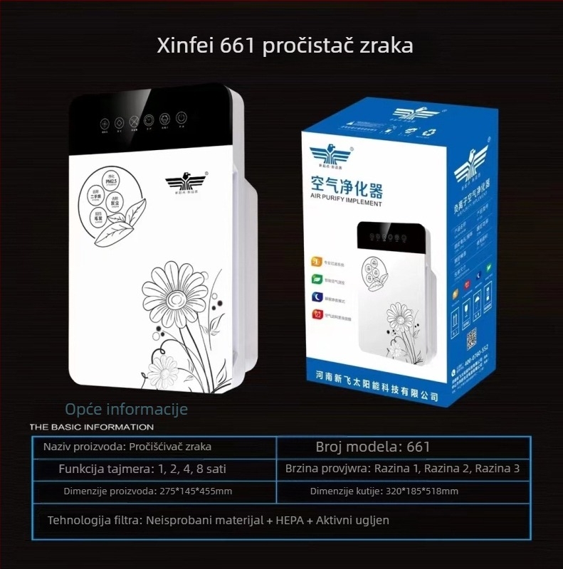 Kućni pročišćivač zraka s negativnim ionima i UV dezinfekcijom, kompozitni filter, protok zraka 51–150 m³/h, buka 36–45 dB, pogodno za prostorije 31–40 m², daljinski upravljač