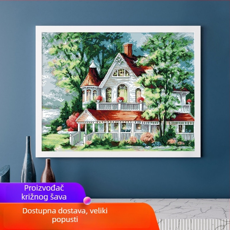 Set za križno šivanje — platno 11CT, ekološka pamuk, krajolik uz jezero s vilom, dnevni boravak dekor