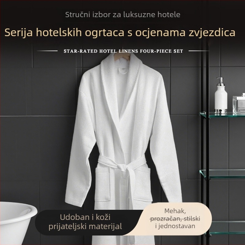 Hotelski ogrtač od čistog pamuka, dugačak waffles uzorak, džep, 1200 g, šivanje, mogućnost tiska logotipa