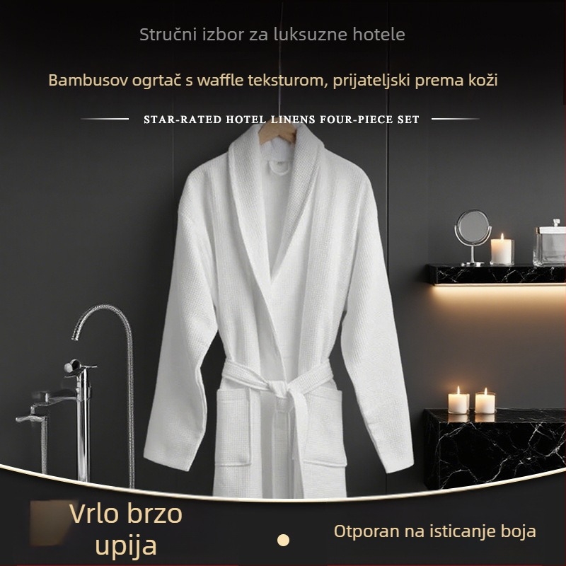 Hotelski ogrtač od čistog pamuka, dugačak waffles uzorak, džep, 1200 g, šivanje, mogućnost tiska logotipa