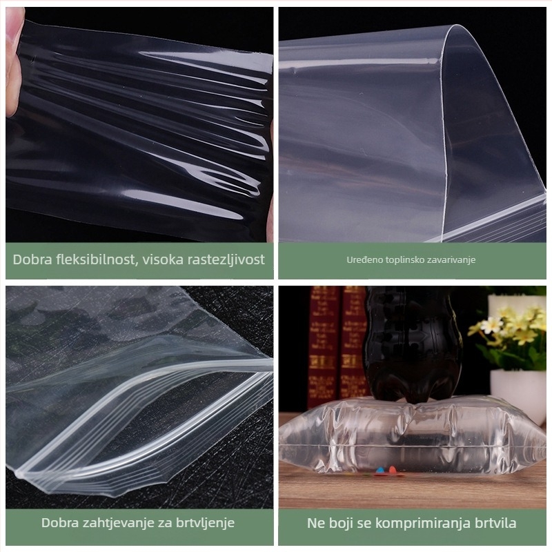 Prozirna samouzavršavajuća vrećica za hranu i opću ambalažu — prilagodljiva duljina zatvaranja; materijal: novi materijal; marka: Huayou Packaging; obrada: toplinski otisak, graviranje; pogodna za čaj, hranu, nakit, odjeću, kemikalije.