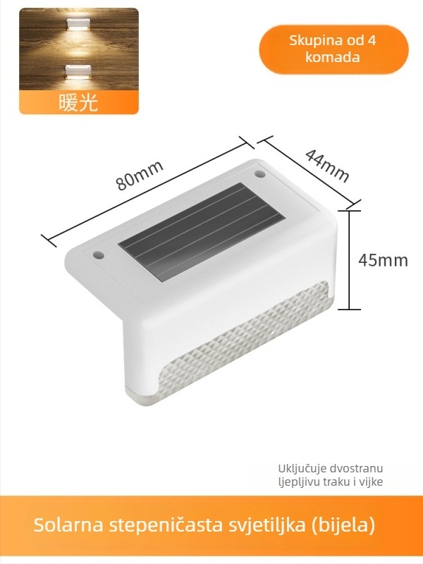 Solarno vanjsko svjetlo za stepenice, IP65 vodootpornost, LED izvor, solarno napajanje, induktivni prekidač, 6–12 sati rada