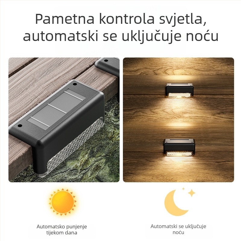 Solarno vanjsko svjetlo za stepenice, IP65 vodootpornost, LED izvor, solarno napajanje, induktivni prekidač, 6–12 sati rada