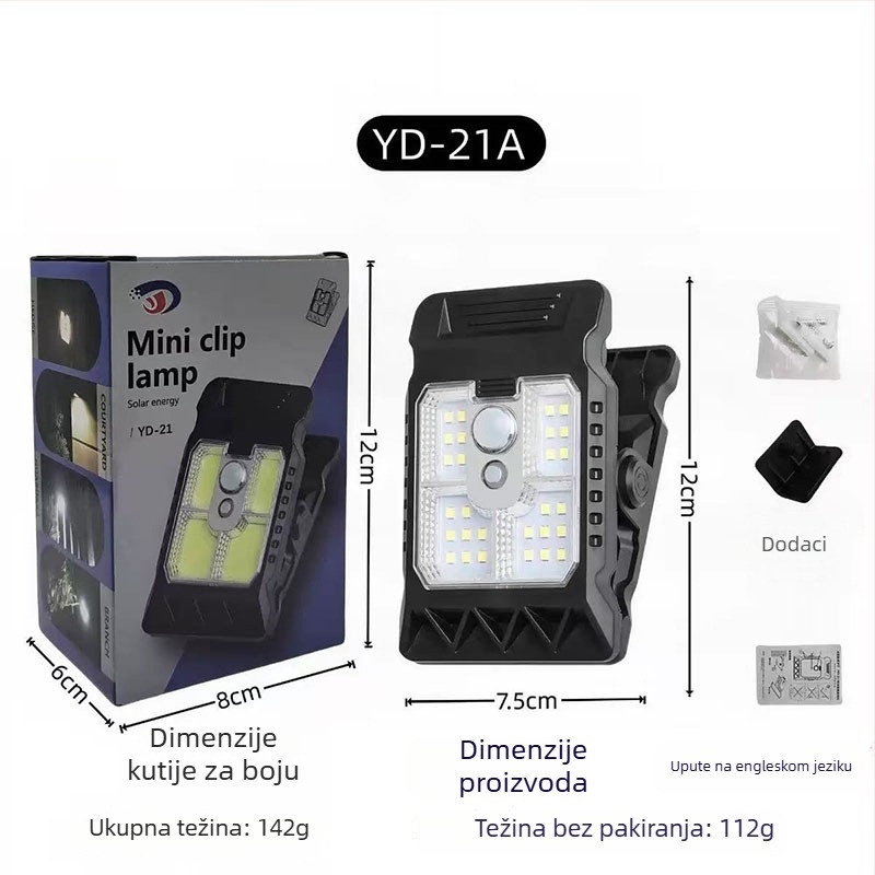 Solarna klips lampica s induktivnim zidnim svjetlom za vanjsku upotrebu, Model YD, 5W, 3.7V, IPX-4, toplo svjetlo