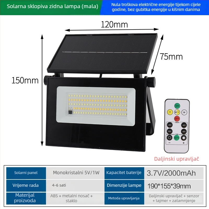 Solarna zidna lampa za vrt, vanjsko LED osvjetljenje, sklopiva