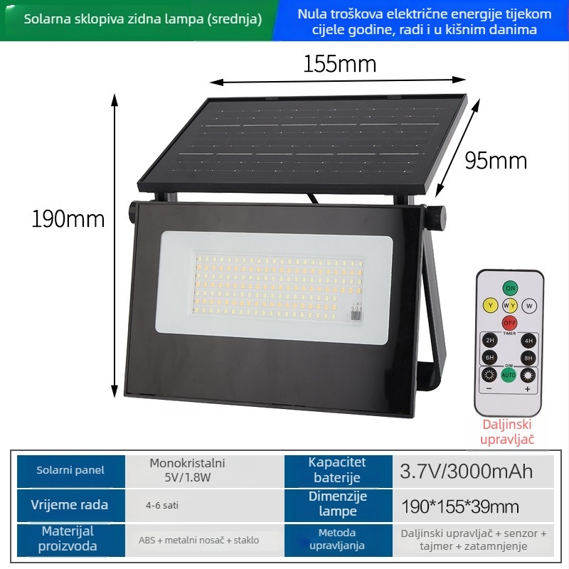 Solarna zidna lampa za vrt, vanjsko LED osvjetljenje, sklopiva