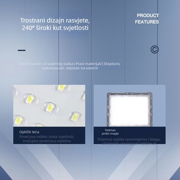 Vanjski solarni floodlight s tri strane osvjetljenja, IP66, 30W, 5V, trajanje osvjetljenja 12–16 sati