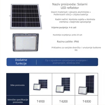 Vanjski solarni floodlight s tri strane osvjetljenja, IP66, 30W, 5V, trajanje osvjetljenja 12–16 sati