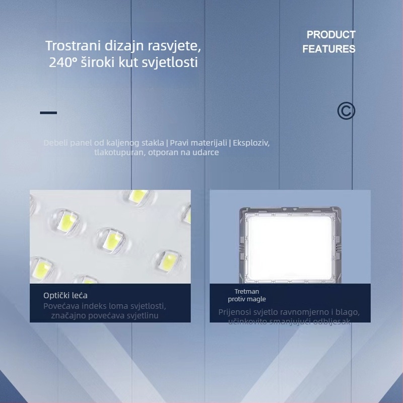 Vanjski solarni floodlight s tri strane osvjetljenja, IP66, 30W, 5V, trajanje osvjetljenja 12–16 sati