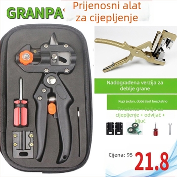 Set alata za cijepljenje voćaka: noževi za rezanje, nož za očkivanje pupova i škare za cjepanje debelih grana