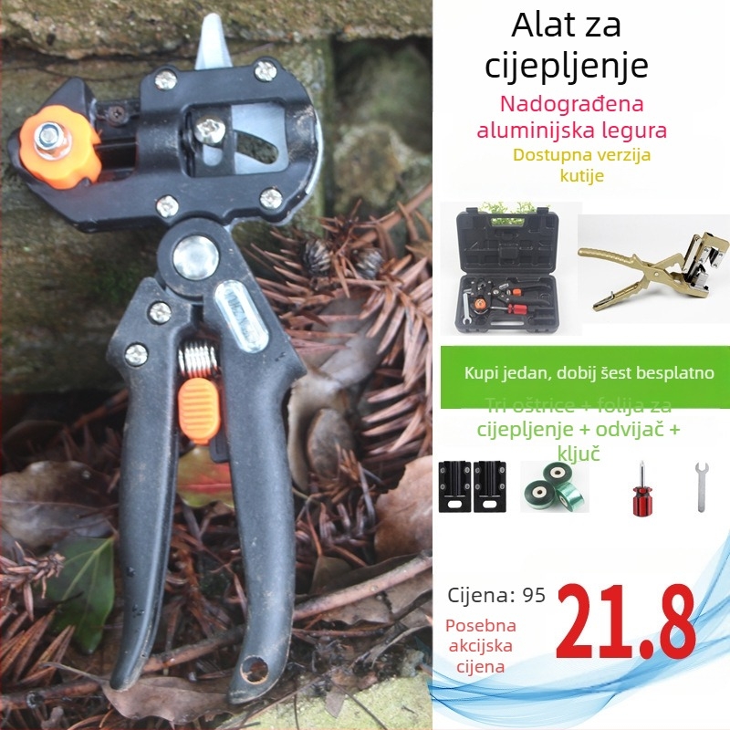 Set alata za cijepljenje voćaka: noževi za rezanje, nož za očkivanje pupova i škare za cjepanje debelih grana
