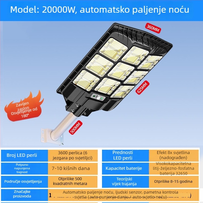 Integrirana solarna ulična svjetiljka s LED bijelim svjetlom | 100W, IP65, 16–24h radnog vremena, induktivni senzor