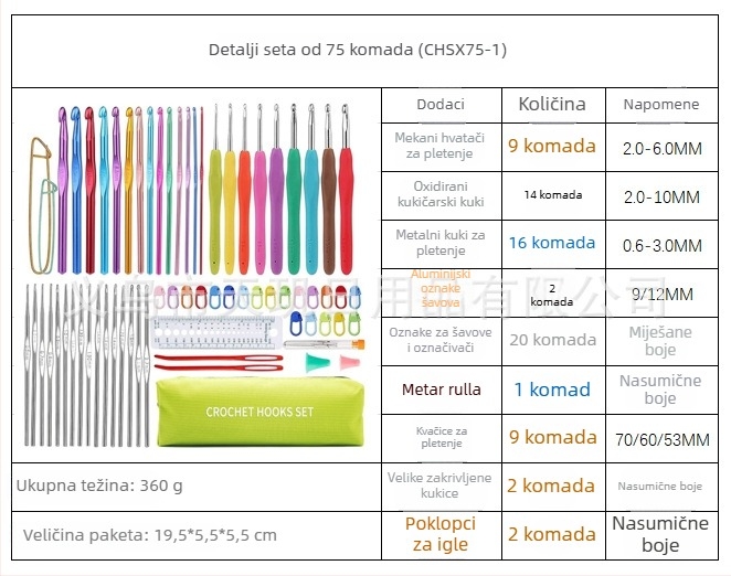 SUMT Set kukica za crochet, 75 komada s mekanom držačem za ručno DIY pletenje