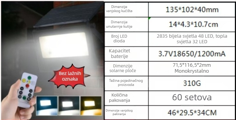Sklopni solarni reflektor za vanjsku upotrebu — IP67 vodootporna vrtna lampa s daljinskim upravljačem, LED 2835, 3.7V, 12–16 sati rada, model Jdsl208