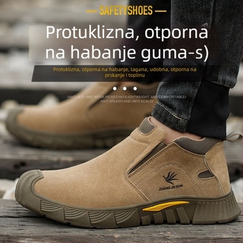 Sigurne radne cipele s niskim gležnjem; velur bikovske kože; čelični zaštitni vrh; zaštita od udara, probijanja i opeklina.