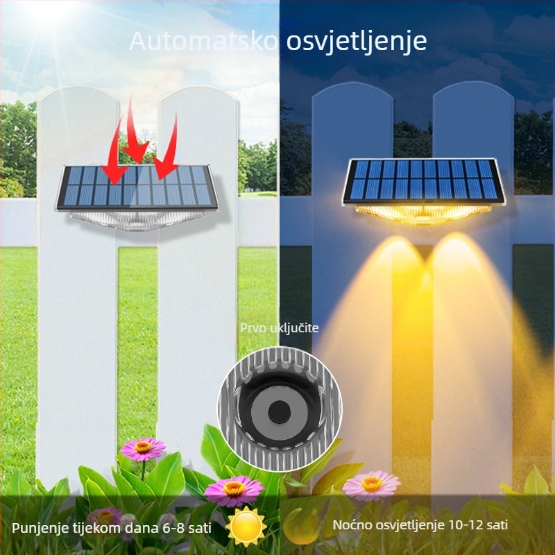 Solarna zidna svjetiljka za vanjsku upotrebu – wall washer, IP65 vodootporna, LED diode, model Ts-G0702, 6–12 sati kontinuiranog osvjetljenja