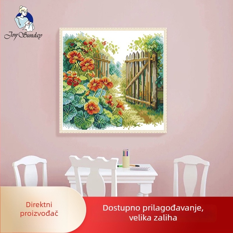 Križno vezenje set: pejzaž s cvijećem uz ogradu za dnevni boravak, 14 ct pamuk, ekološka pamuk, crvena, moderni minimalistički stil