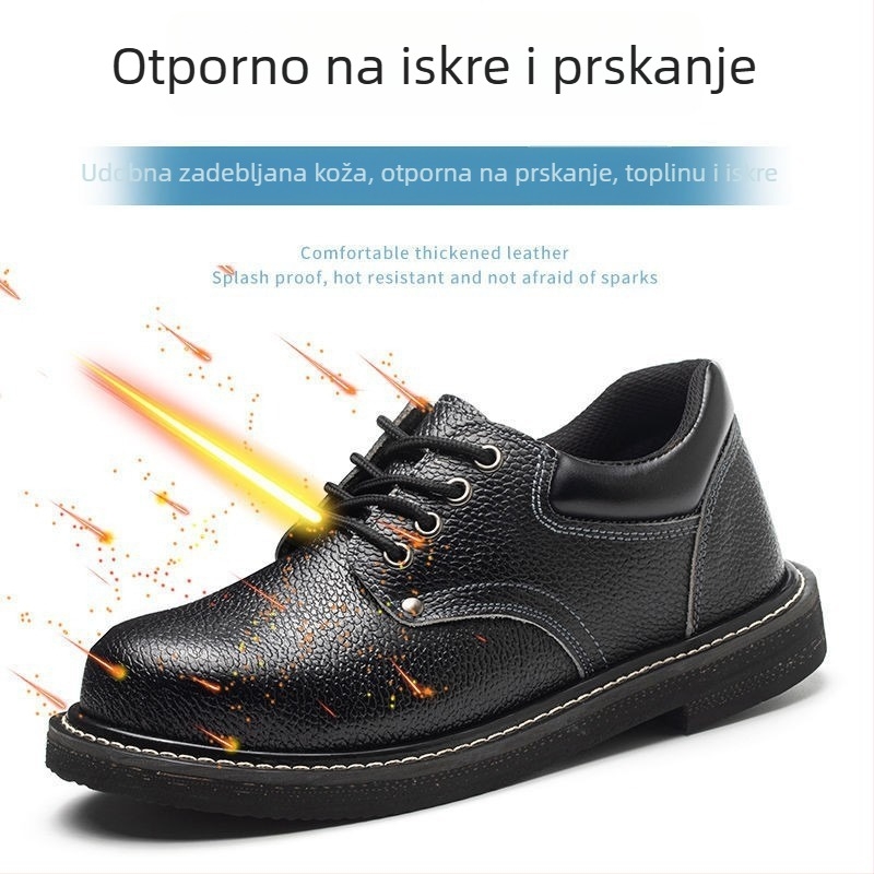 Crne kožne sigurnosne cipele za sve četiri sezone s zaštitom od udara i perforacije, otporne na visoke temperature i habanje, prozračne, protiv mirisa, otporne na kiseline i lužine.