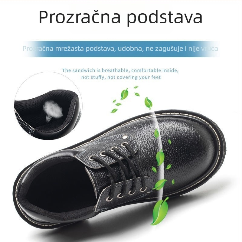 Crne kožne sigurnosne cipele za sve četiri sezone s zaštitom od udara i perforacije, otporne na visoke temperature i habanje, prozračne, protiv mirisa, otporne na kiseline i lužine.