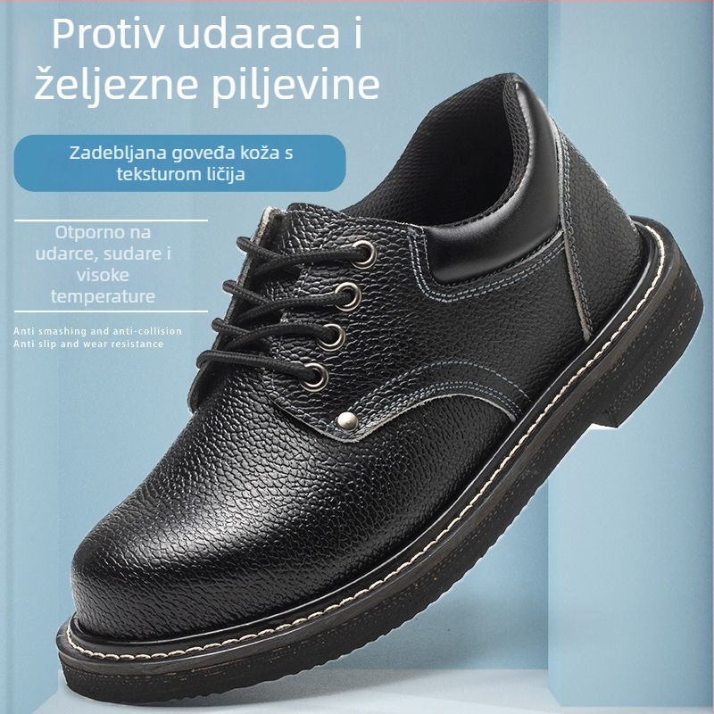 Crne kožne sigurnosne cipele za sve četiri sezone s zaštitom od udara i perforacije, otporne na visoke temperature i habanje, prozračne, protiv mirisa, otporne na kiseline i lužine.