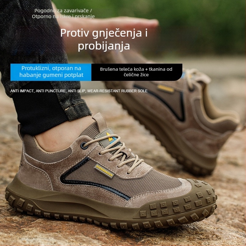 Četvero-sezonske sigurnosne radne cipele s čeličnom zaštitom, nubuk koža, lagane i otporne, gumeni potplat, za gradilište, zaštita od udara i perforacije