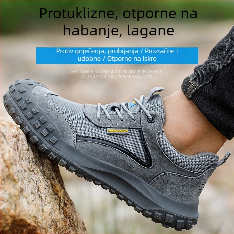 Četvero-sezonske sigurnosne radne cipele s čeličnom zaštitom, nubuk koža, lagane i otporne, gumeni potplat, za gradilište, zaštita od udara i perforacije
