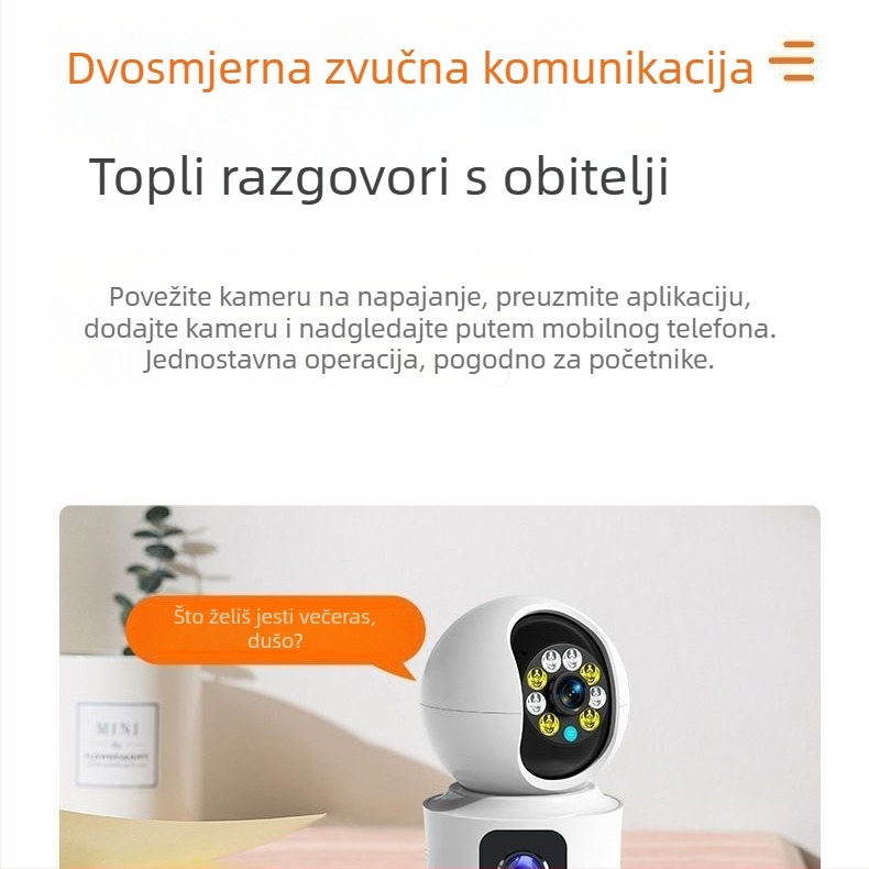 Unutarnja Wi‑Fi sigurnosna kamera s dvostrukim objektivom i daljinskim upravljanjem putem pametnog telefona, PTZ: okomito 120°, vodoravno 350°, ograničenje rotacije 355°, brzine 70°/s vodoravno i 30°/s okomito