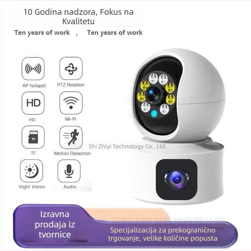 Unutarnja Wi‑Fi sigurnosna kamera s dvostrukim objektivom i daljinskim upravljanjem putem pametnog telefona, PTZ: okomito 120°, vodoravno 350°, ograničenje rotacije 355°, brzine 70°/s vodoravno i 30°/s okomito