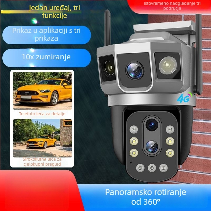 V380 4G bežična kamera za nadzor, 10x zoom, 3-kanalni nadzor, CMOS senzor 1080p, objektiv 4+10 mm