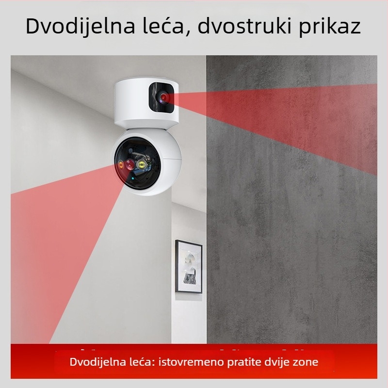 Left meter kućna sigurnosna kamera s dvostrukim lećama, 360° pokrivenost, udaljeno praćenje i noćni prikaz; 24 V, -20 do 50°C, ABS plastika.