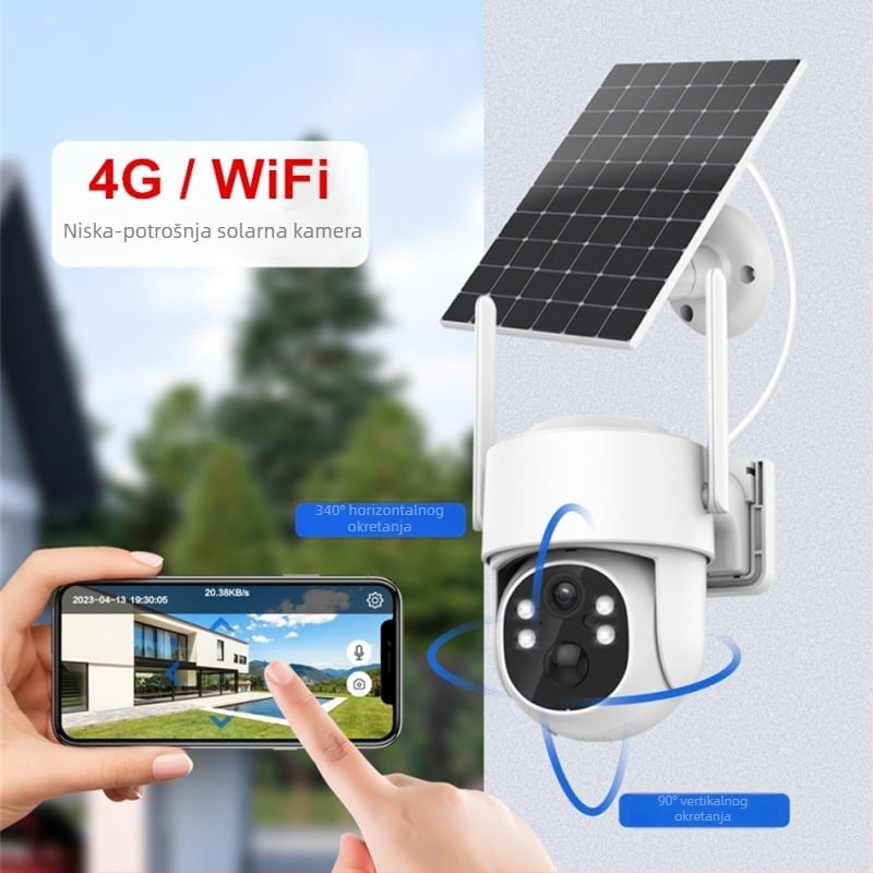 Vanjska 4G solarna PTZ CCTV IP kamera, 0.001 lux minimum osvjetljenja, SNR 48 dB, radna temperatura -20 do 55°C, napajanje 5V