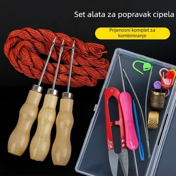 Ručno izrađen set alata za popravak obuće, s kukom, šilom i kukom za pletenje, u kutiji s dodacima