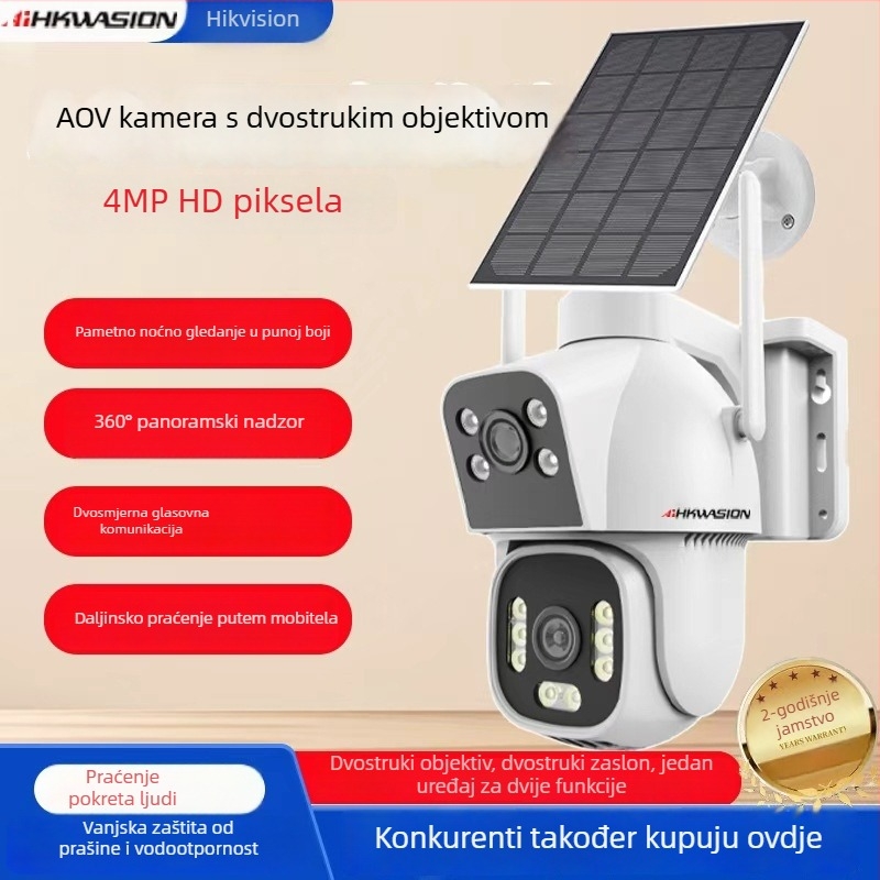 AIHKWASION vanjska vodootporna kamera za nadzor, 4MP HD, dvostruka leća, solarno napajanje, AI kamera