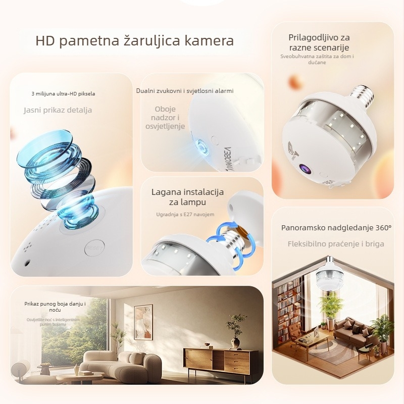 V380 panoramska fisheye kamera-žarulja, bežični Wi‑Fi, daljinsko upravljanje putem mobitela, dvostruko noćno gledanje, HD nadzor
