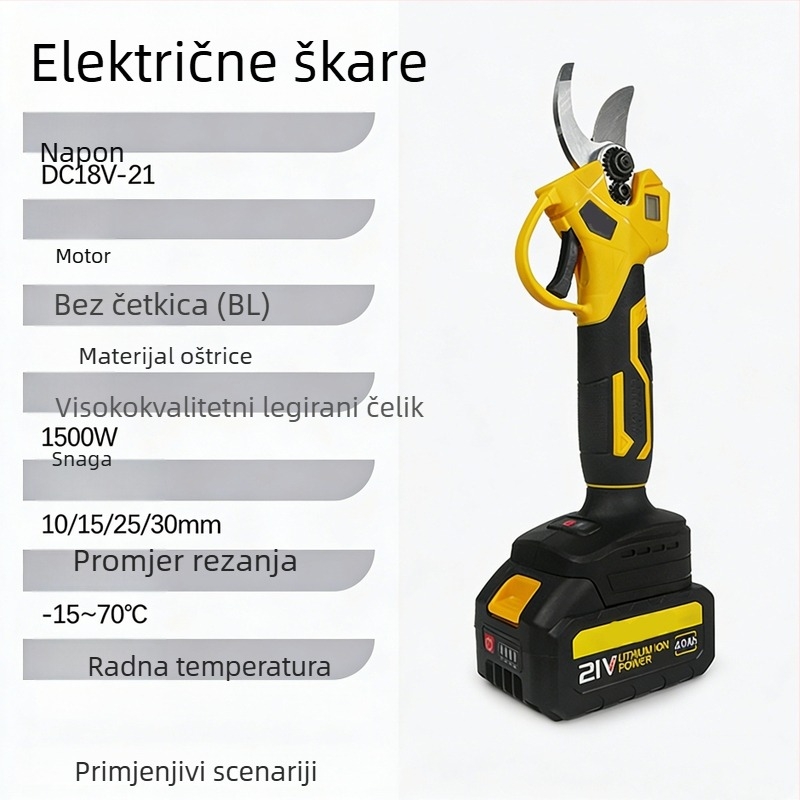 Električne škare za podrezivanje s litijskom baterijom, prijenosne, snažne, s digitalnim zaslonom, za voćnjake i vrtlarstvo