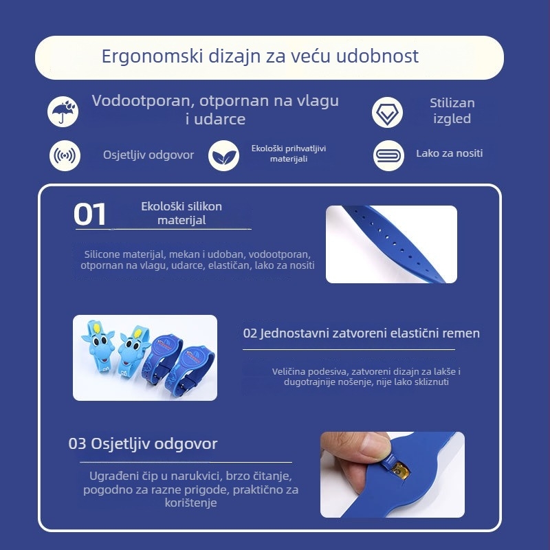 NFC narukvica za pristup s mogućnošću tiskanja logotipa, Read-Write čip, 1024B pohrana, HF RFID, silikonsko kućište, pasivna kartica