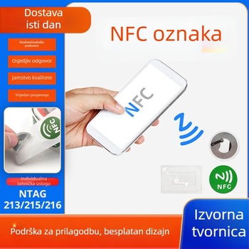 NFC oznaka HF RFID 14443A protokol, 13,56 MHz, 144 bajtova memorija, domet čitanja/zapisivanja 1–5 cm, pasivno s prilagodbom