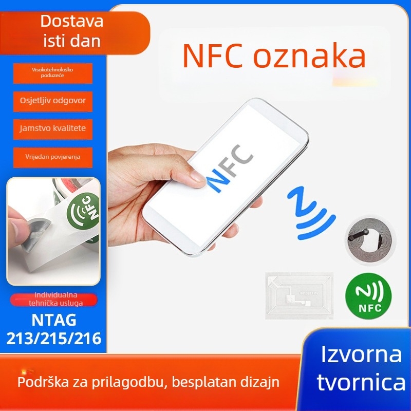 NFC oznaka HF RFID 14443A protokol, 13,56 MHz, 144 bajtova memorija, domet čitanja/zapisivanja 1–5 cm, pasivno s prilagodbom