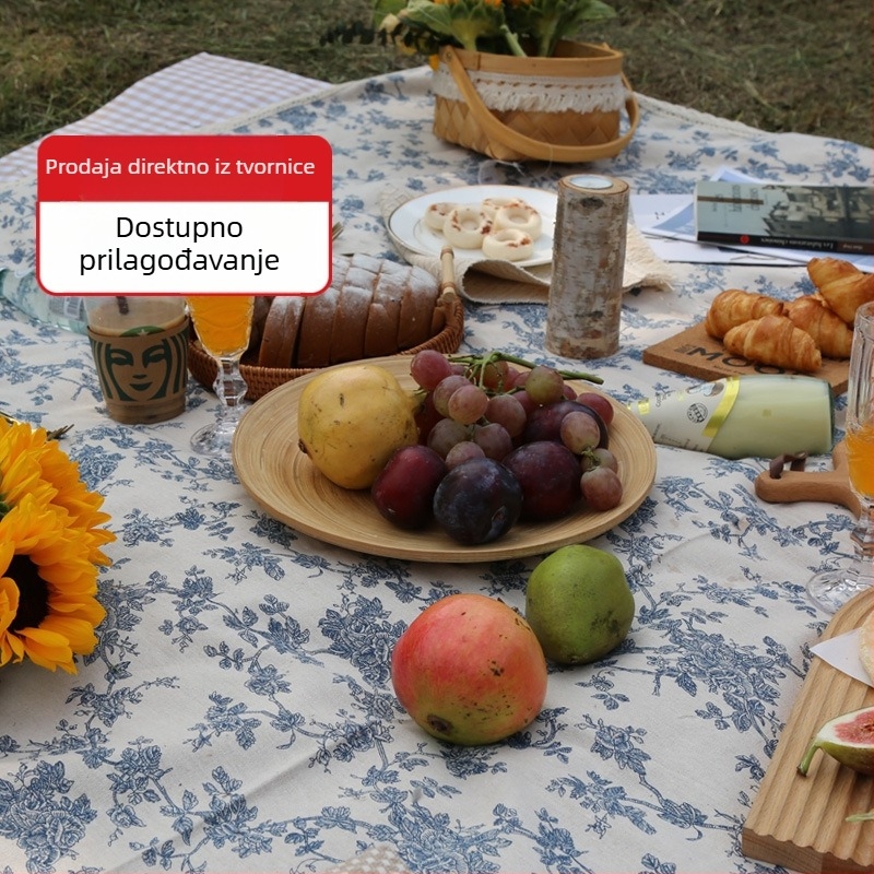 Piknik prostirka od pamuka i lana s PVC vodootpornim slojem, pastoralnog dizajna za vanjsku upotrebu