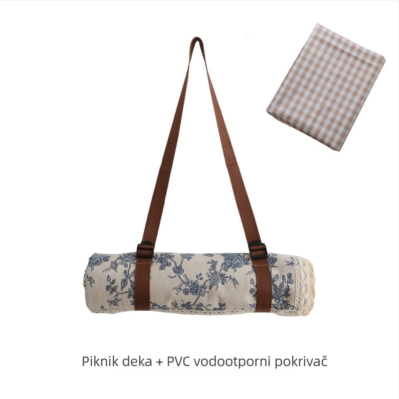 Piknik prostirka od pamuka i lana s PVC vodootpornim slojem, pastoralnog dizajna za vanjsku upotrebu