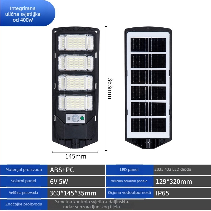 Solarna ulična svjetiljka s LED izvorom, IP65 vodootporna, nominalna snaga 300, napon 3,2V, induktivni prekidač