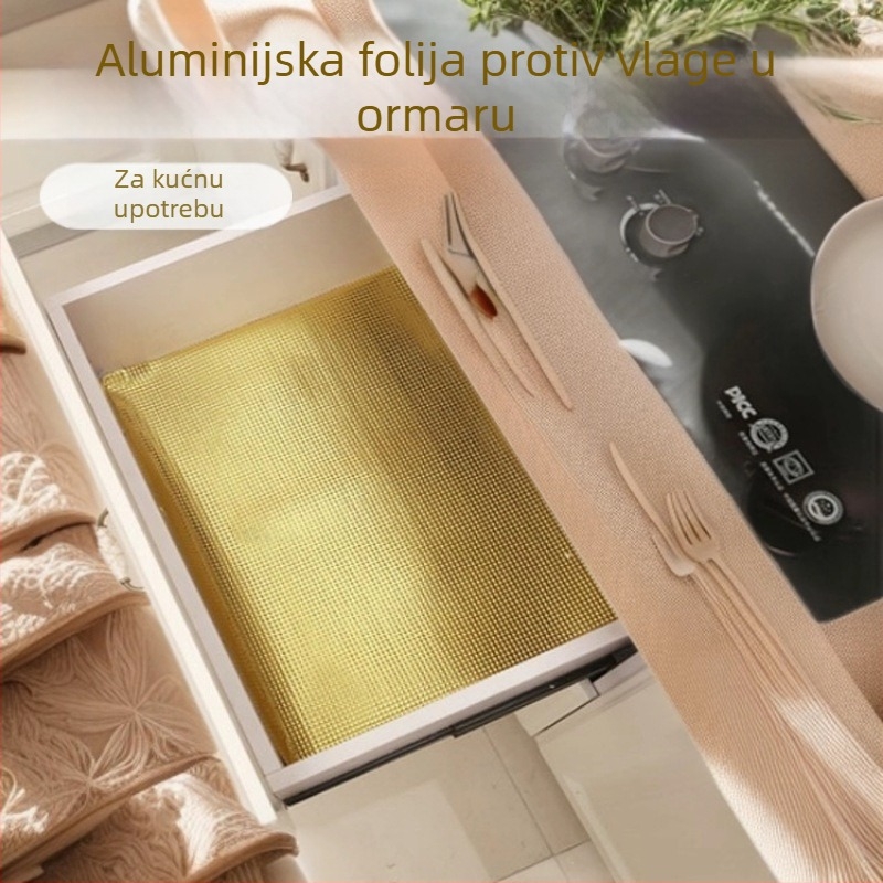 Unutarnji liner za ormane i ladice od PE-a, bez ljepila, vodootporan i otporan na vlagu, s aluminijskim folijom; PE 98%, PVC 2%