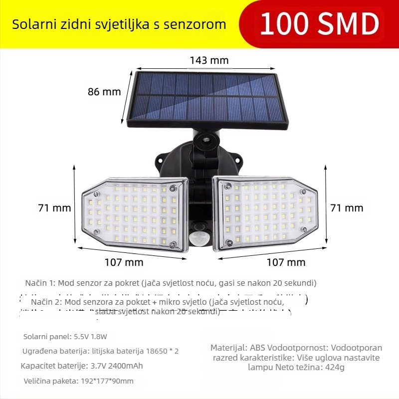 LED podijeljena solarna svjetiljka s senzorom pokreta, vanjska zidna rasvjeta za dvorište, 5W, 3.7V, 6–12 sati osvjetljenja