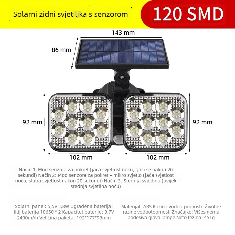 LED podijeljena solarna svjetiljka s senzorom pokreta, vanjska zidna rasvjeta za dvorište, 5W, 3.7V, 6–12 sati osvjetljenja
