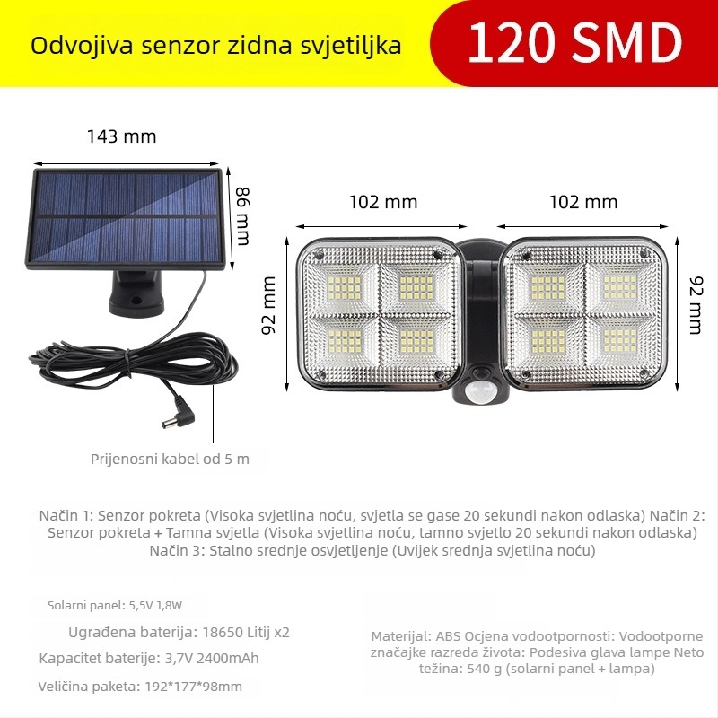 LED podijeljena solarna svjetiljka s senzorom pokreta, vanjska zidna rasvjeta za dvorište, 5W, 3.7V, 6–12 sati osvjetljenja