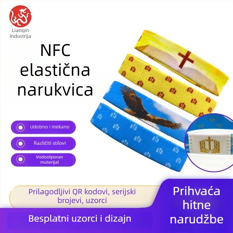 Prilagodljiva elastična NFC narukvica s identifikacijom; Čip: čitanje/zapis; Kapacitet: 1024; Domet čitanja: 1–4; Vrijeme čitanja/zapis: 1–2; Prenosna frekvencija: HF