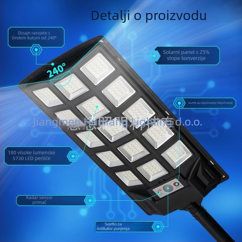 HX-27 solarno ulično svjetlo sa tri strane osvjetljenja, PIR senzor pokreta, IP65, 6W/6V, 6–12 h rada